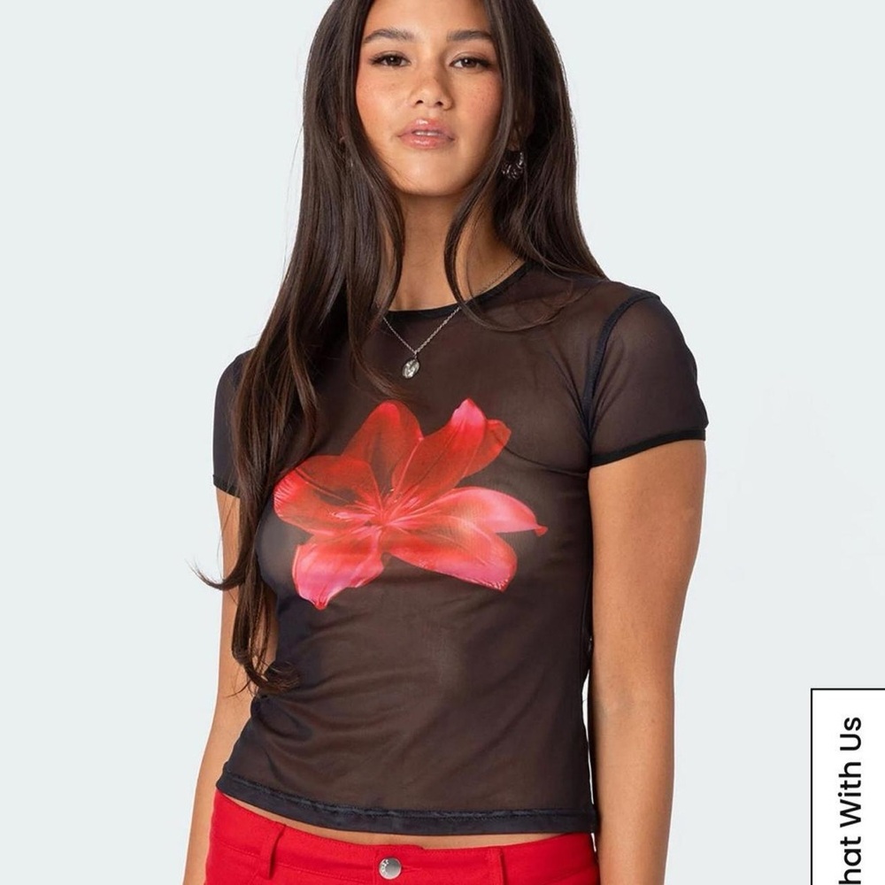 🔥 Y2K Sheer Mesh Baby Tee with Red Flower Print | Vintage 90s Style